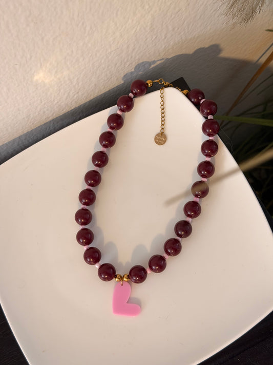 Wine and pink heart necklace